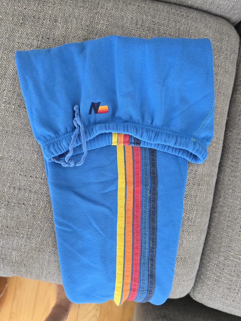 Aviator Nation Blue Track Pants with Yellow, Red & Navy Stripes
